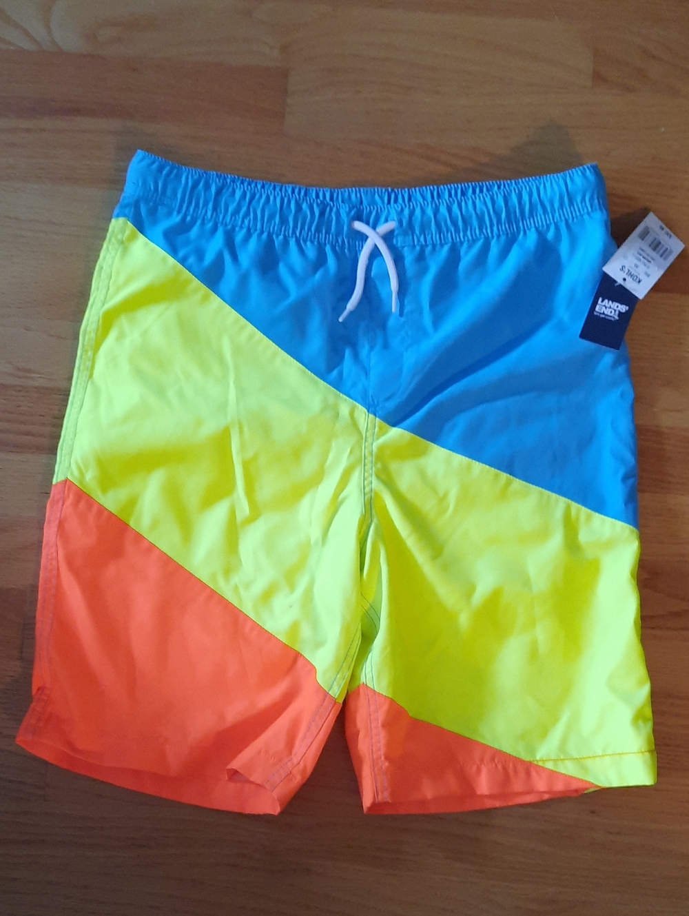Xxl NWT Lands' End Boy’s Blue, Neon Yellow & Orange Colorblock Swim Trunks Short